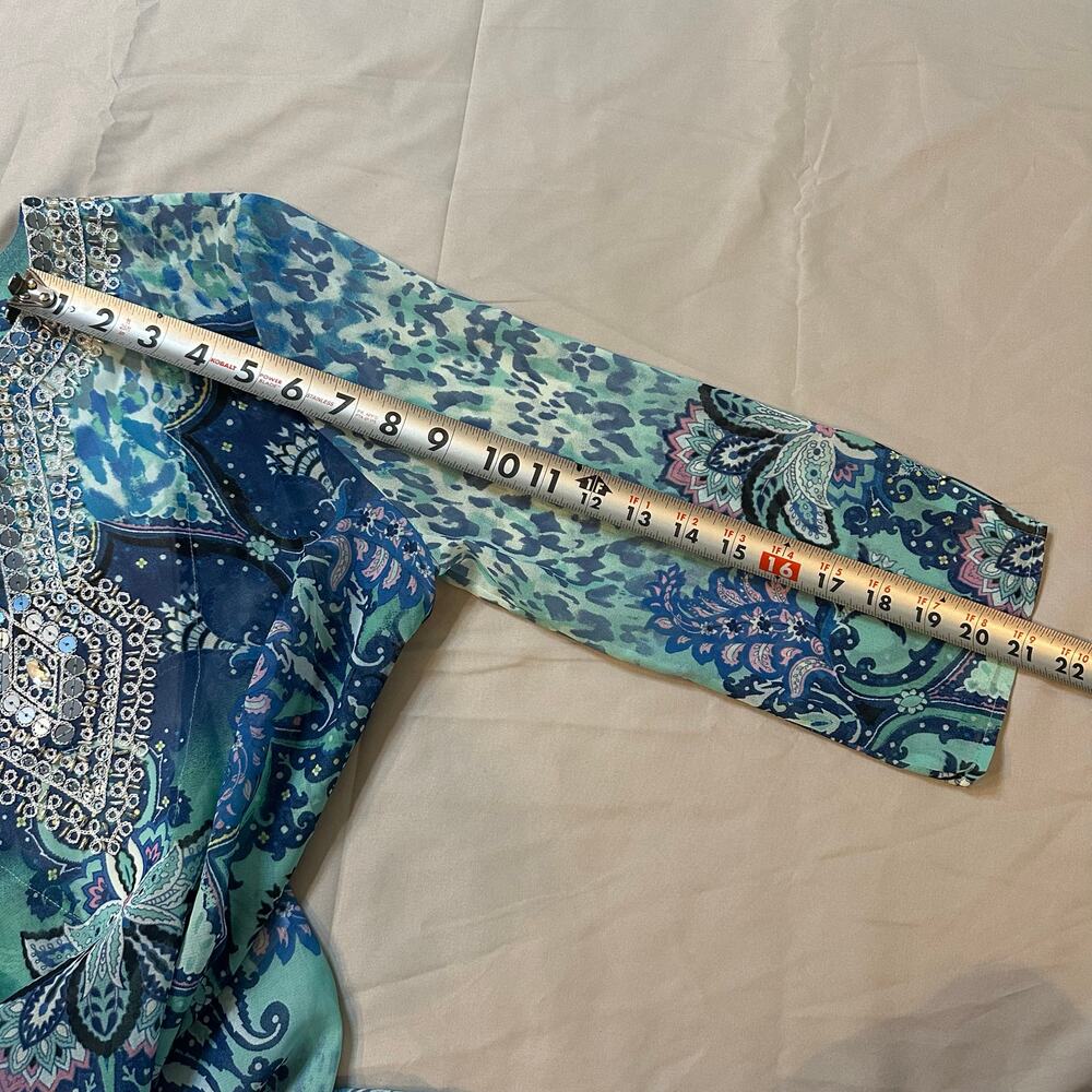 Chico's Blue Bedazzled, Funky Printed, Quarter Sleeve, Long Blouse- 00(0/2) - Picture 8 of 8